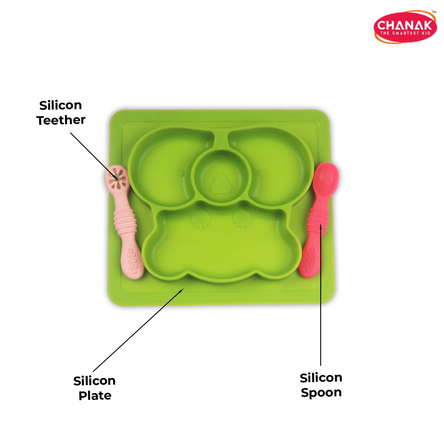 Chanak Oval Baby Food Tray, Silicon Food Plate with Multiple Compartments & Two Spoons, Silicone Plate for Feeding Baby, Easy to Clean Silicon Plate Microwave & Dishwasher Safe. (Light Green) chanak