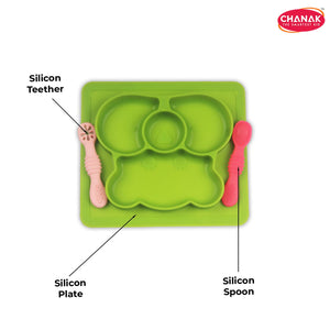 Chanak Oval Baby Food Tray, Silicon Food Plate with Multiple Compartments & Two Spoons, Silicone Plate for Feeding Baby, Easy to Clean Silicon Plate Microwave & Dishwasher Safe. (Light Green) chanak