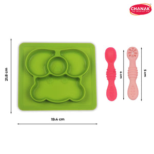 Chanak Oval Baby Food Tray, Silicon Food Plate with Multiple Compartments & Two Spoons, Silicone Plate for Feeding Baby, Easy to Clean Silicon Plate Microwave & Dishwasher Safe. (Light Green) chanak