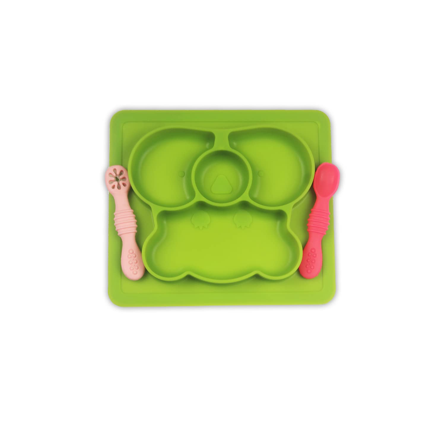 Chanak Oval Baby Food Tray, Silicon Food Plate with Multiple Compartments & Two Spoons, Silicone Plate for Feeding Baby, Easy to Clean Silicon Plate Microwave & Dishwasher Safe. (Light Green) chanak