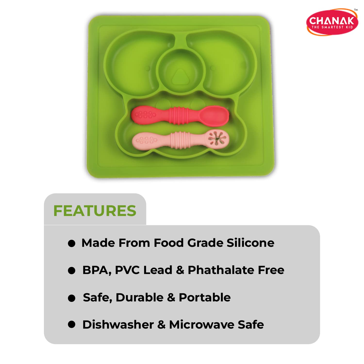 Chanak Oval Baby Food Tray, Silicon Food Plate with Multiple Compartments & Two Spoons, Silicone Plate for Feeding Baby, Easy to Clean Silicon Plate Microwave & Dishwasher Safe. (Light Green) chanak