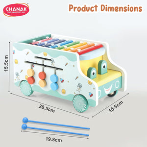 Chanak Wooden Activity Bus 6-in-1 Montessori Toys Truck Multifunctional Early Educational Musical Miles Includes Shape Sorter, Xylophone, Maze, Storage, Dancing Eyes Bus For Boys Girls, Above 3+ Age chanak