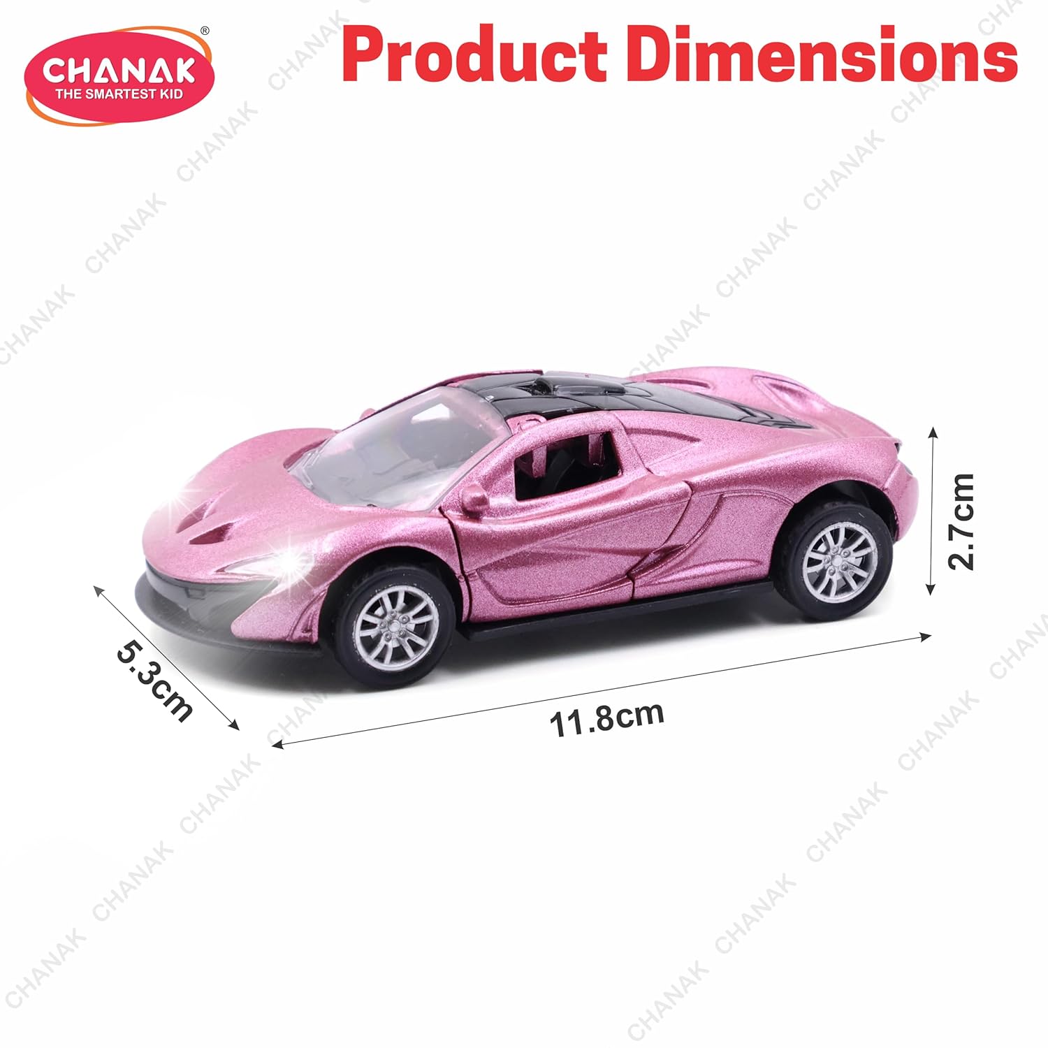 Chanak Premium Metal Die-Cast Sports Racer Car, Metal Car with Realistic Engine Sound, LED Lights, Open & Close Doors, Pull Back Car Zinc Alloy for Kids Above 3 Years, BIS Approved (Pink) chanak