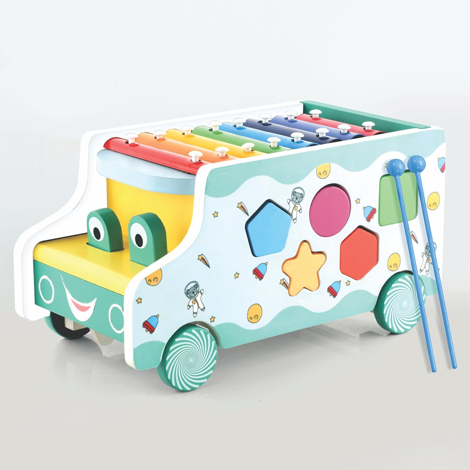Chanak Wooden Activity Bus 6-in-1 Montessori Toys Truck Multifunctional Early Educational Musical Miles Includes Shape Sorter, Xylophone, Maze, Storage, Dancing Eyes Bus For Boys Girls, Above 3+ Age chanak