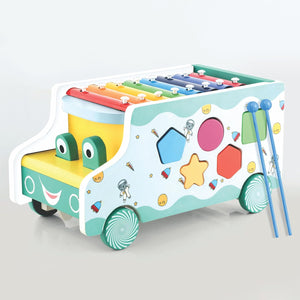 Chanak Wooden Activity Bus 6-in-1 Montessori Toys Truck Multifunctional Early Educational Musical Miles Includes Shape Sorter, Xylophone, Maze, Storage, Dancing Eyes Bus For Boys Girls, Above 3+ Age chanak