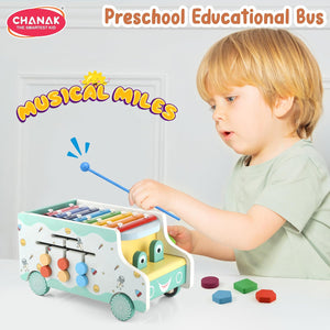 Chanak Wooden Activity Bus 6-in-1 Montessori Toys Truck Multifunctional Early Educational Musical Miles Includes Shape Sorter, Xylophone, Maze, Storage, Dancing Eyes Bus For Boys Girls, Above 3+ Age chanak
