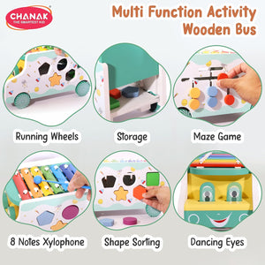 Chanak Wooden Activity Bus 6-in-1 Montessori Toys Truck Multifunctional Early Educational Musical Miles Includes Shape Sorter, Xylophone, Maze, Storage, Dancing Eyes Bus For Boys Girls, Above 3+ Age chanak