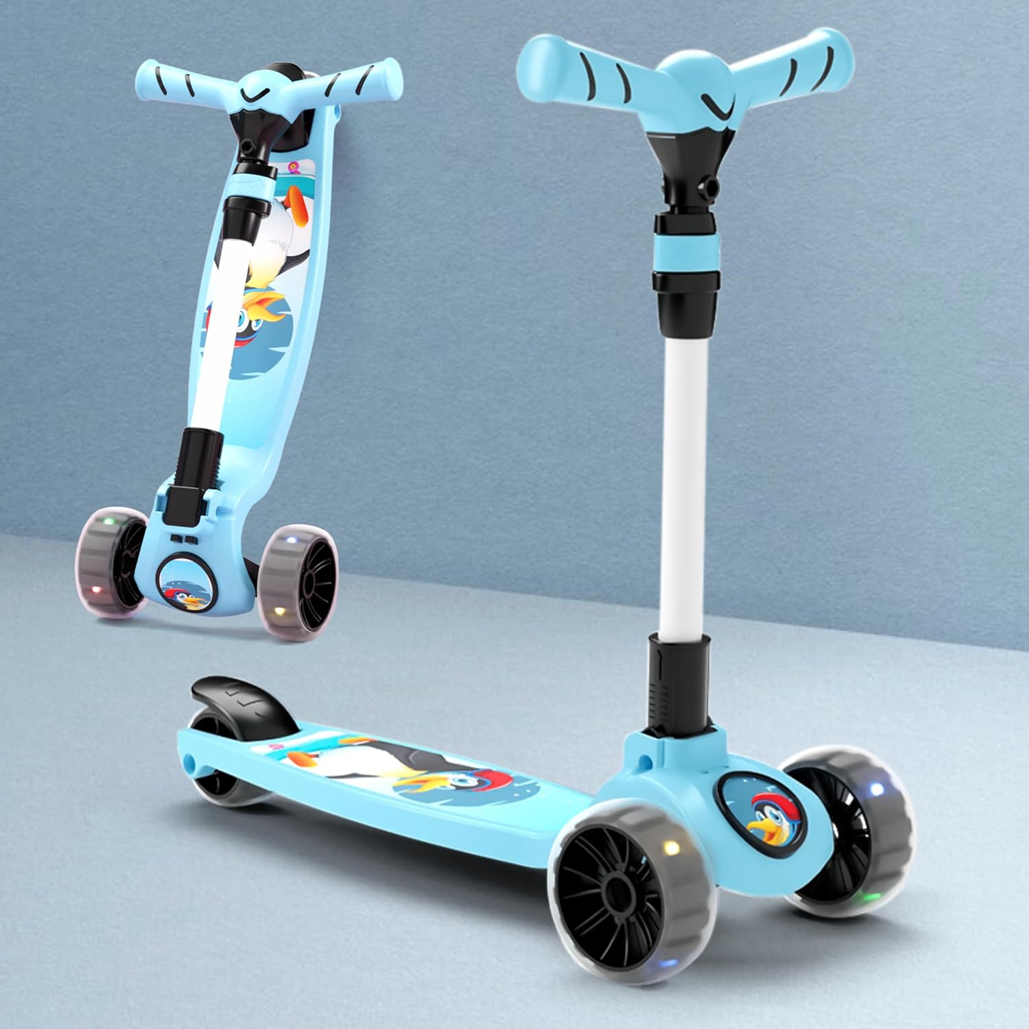 Chanak Go Rider Kick Scooter for Kids LED Light 3 Wheel Foldable Scooter with Rear Break 4 Height Adjustable with Lock for Boy & Girl 5+ Age Kids (Black-Blue) chanak