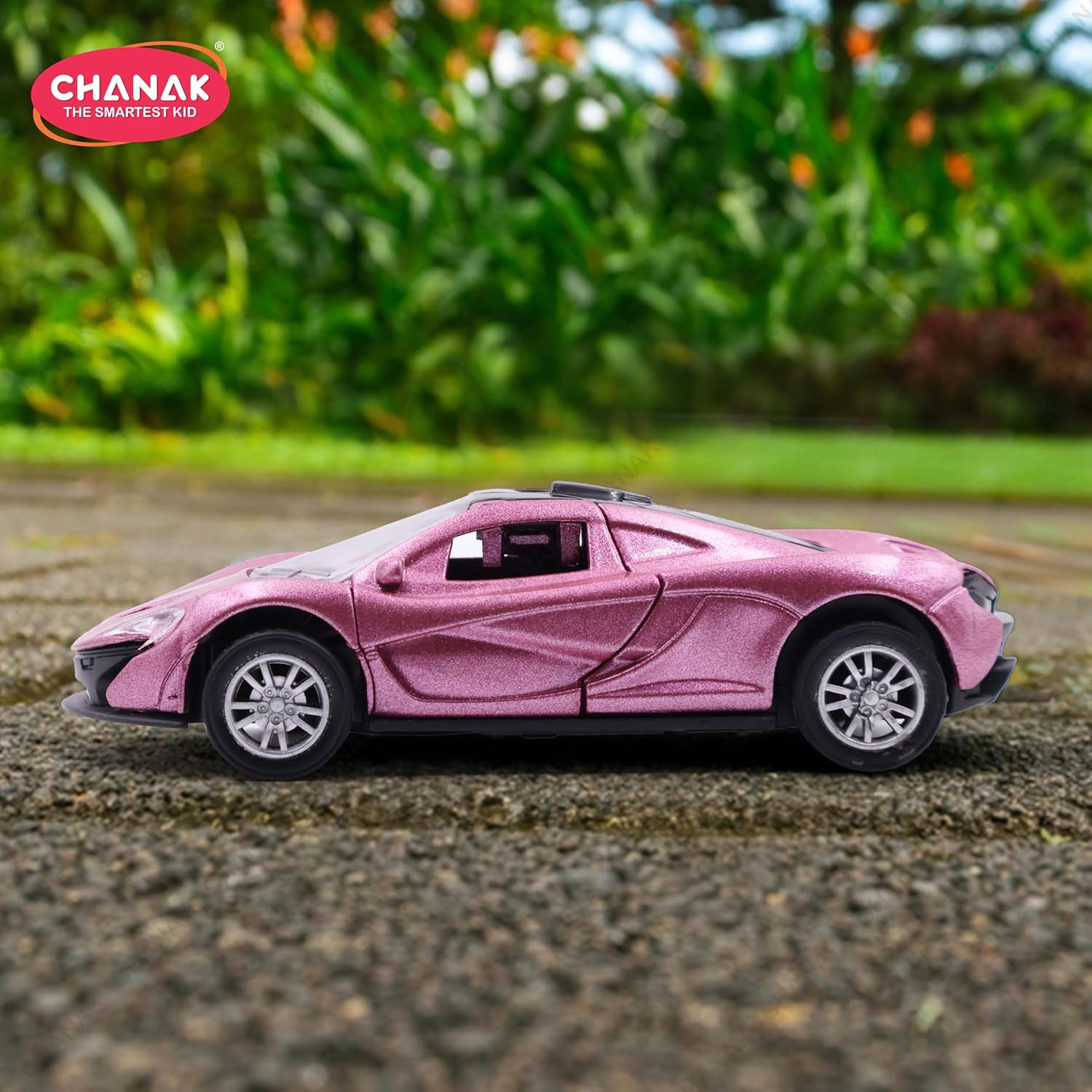 Chanak Premium Metal Die-Cast Sports Racer Car, Metal Car with Realistic Engine Sound, LED Lights, Open & Close Doors, Pull Back Car Zinc Alloy for Kids Above 3 Years, BIS Approved (Pink) chanak