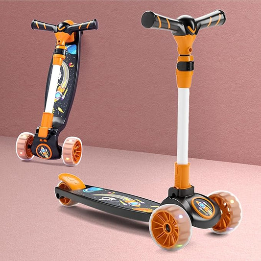 Chanak Go Rider Kick Scooter for Kids LED Light 3 Wheel Foldable Scooter with Rear Break 4 Height Adjustable with Lock for Boy & Girl 5+ Age Kids (Orange-Black) chanak