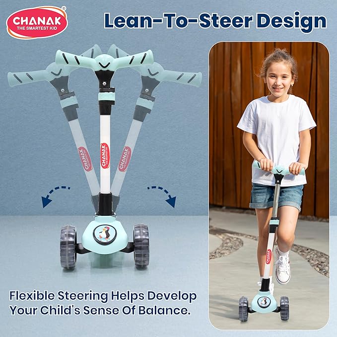 Chanak Go Rider Kick Scooter for Kids LED Light 3 Wheel Foldable Scooter with Rear Break 4 Height Adjustable with Lock for Boy & Girl 5+ Age Kids (Black-Blue) chanak