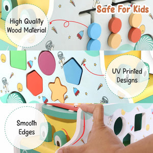 Chanak Wooden Activity Bus 6-in-1 Montessori Toys Truck Multifunctional Early Educational Musical Miles Includes Shape Sorter, Xylophone, Maze, Storage, Dancing Eyes Bus For Boys Girls, Above 3+ Age chanak