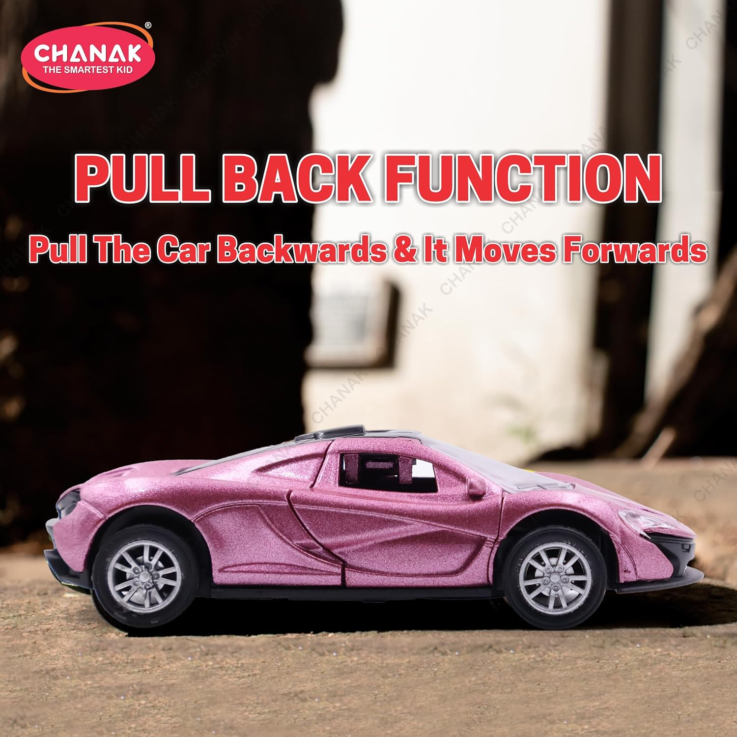 Chanak Premium Metal Die-Cast Sports Racer Car, Metal Car with Realistic Engine Sound, LED Lights, Open & Close Doors, Pull Back Car Zinc Alloy for Kids Above 3 Years, BIS Approved (Pink) chanak
