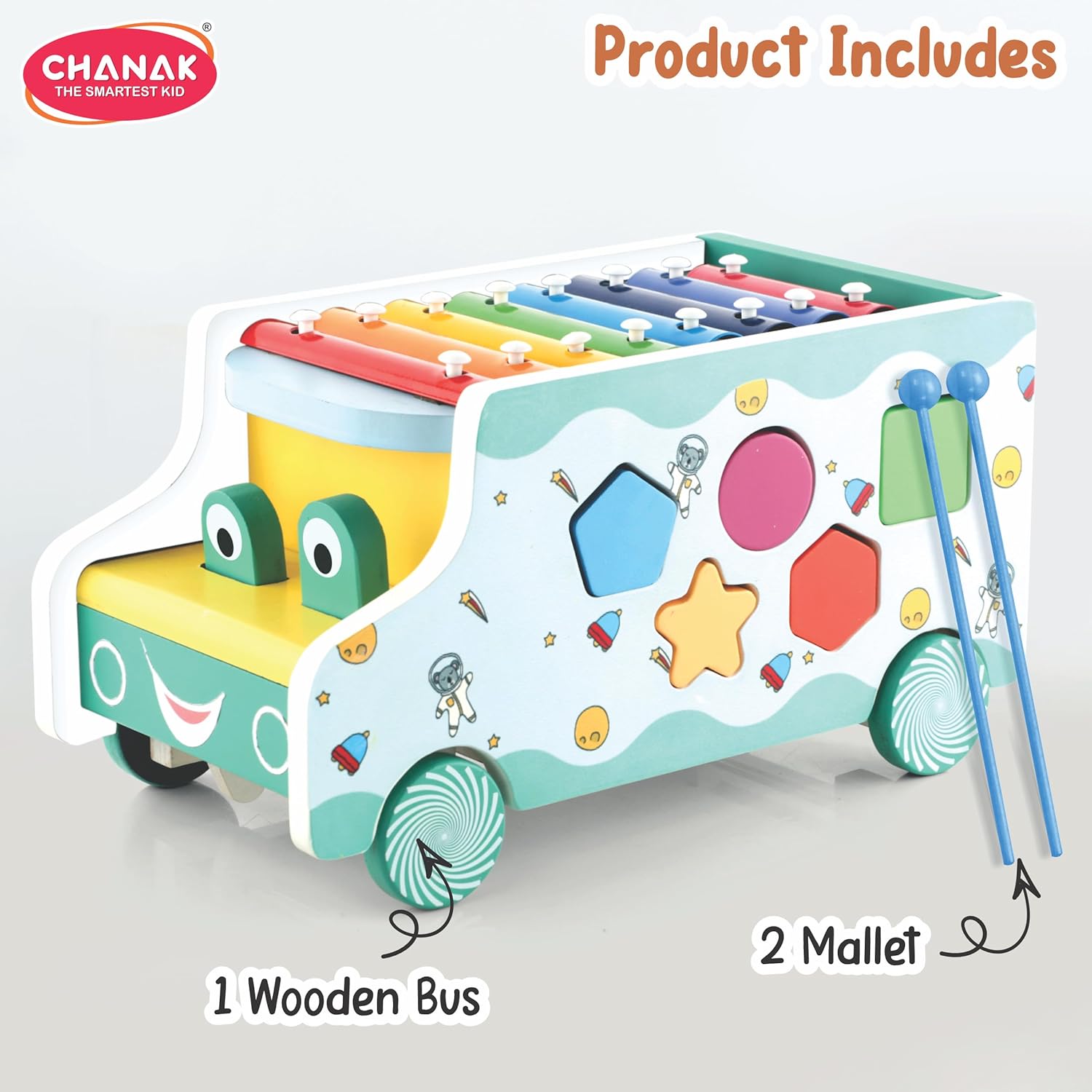 Chanak Wooden Activity Bus 6-in-1 Montessori Toys Truck Multifunctional Early Educational Musical Miles Includes Shape Sorter, Xylophone, Maze, Storage, Dancing Eyes Bus For Boys Girls, Above 3+ Age chanak