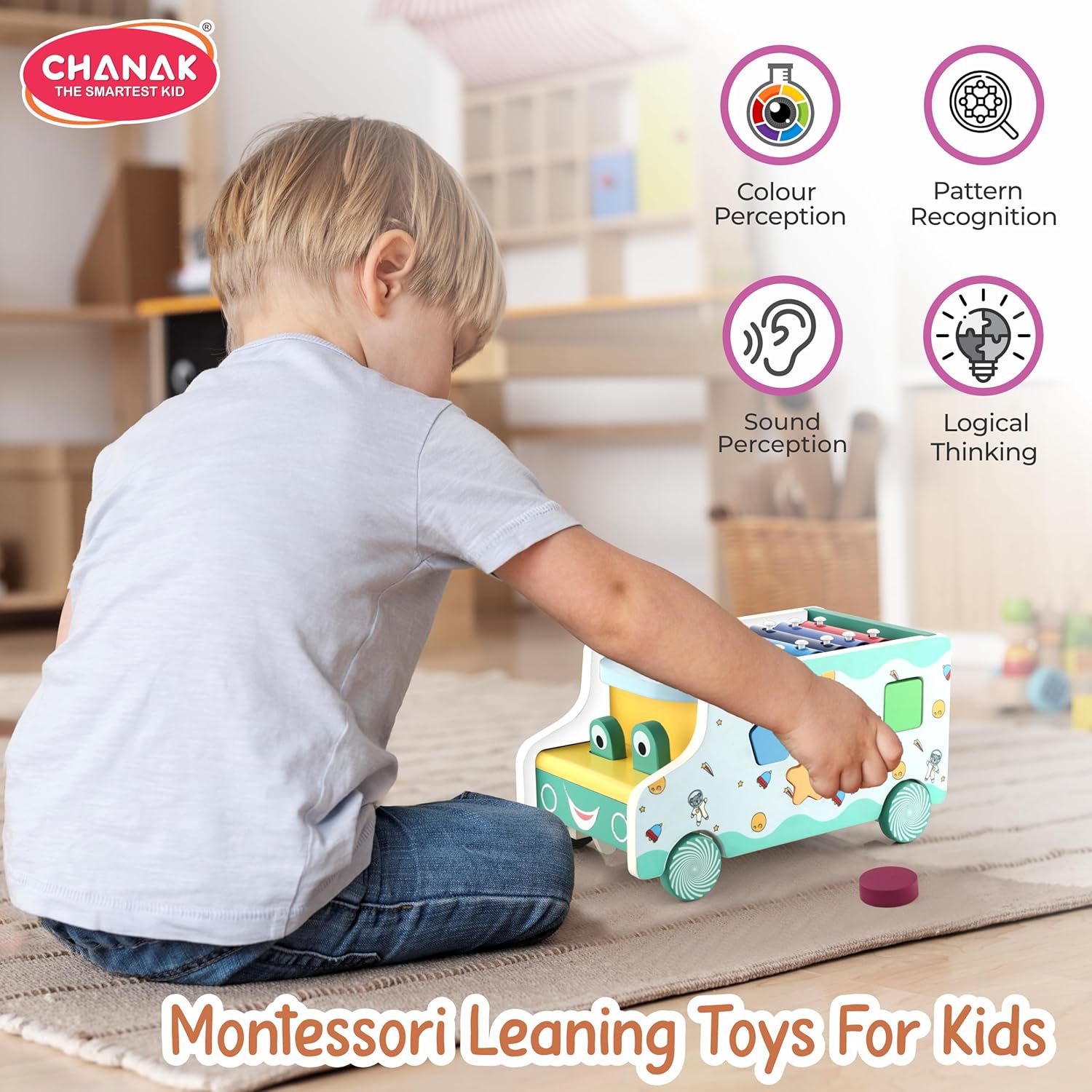 Chanak Wooden Activity Bus 6-in-1 Montessori Toys Truck Multifunctional Early Educational Musical Miles Includes Shape Sorter, Xylophone, Maze, Storage, Dancing Eyes Bus For Boys Girls, Above 3+ Age chanak
