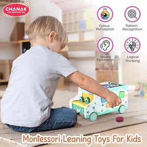 Chanak Wooden Activity Bus 6-in-1 Montessori Toys Truck Multifunctional Early Educational Musical Miles Includes Shape Sorter, Xylophone, Maze, Storage, Dancing Eyes Bus For Boys Girls, Above 3+ Age chanak