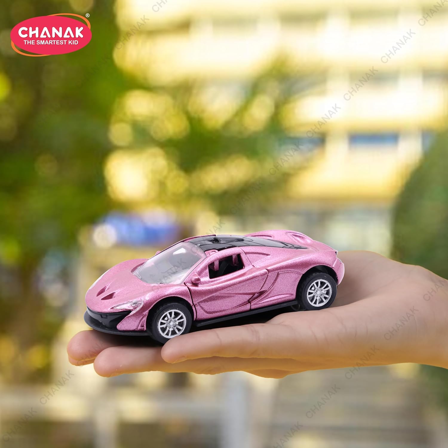 Chanak Premium Metal Die-Cast Sports Racer Car, Metal Car with Realistic Engine Sound, LED Lights, Open & Close Doors, Pull Back Car Zinc Alloy for Kids Above 3 Years, BIS Approved (Pink) chanak