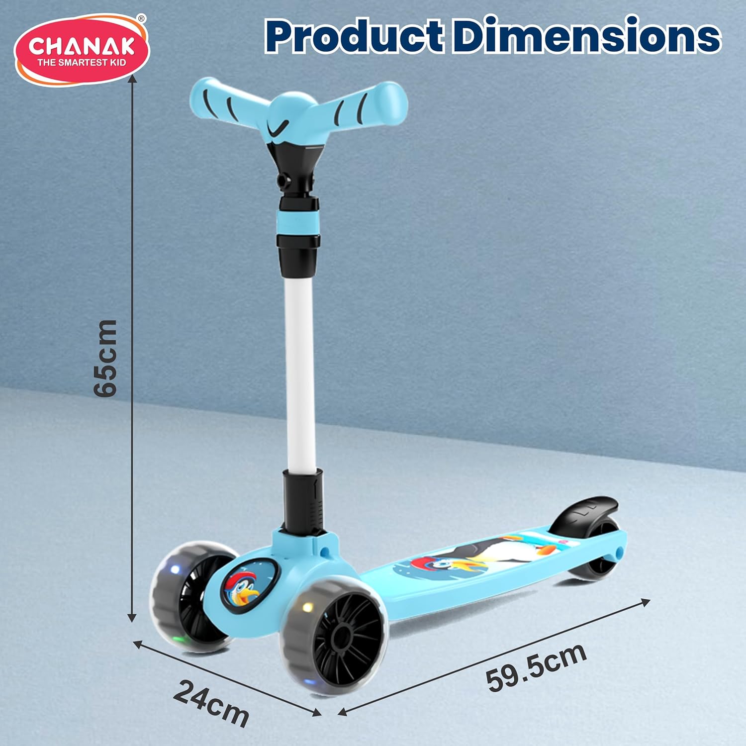 Chanak Go Rider Kick Scooter for Kids LED Light 3 Wheel Foldable Scooter with Rear Break 4 Height Adjustable with Lock for Boy & Girl 5+ Age Kids (Black-Blue) chanak