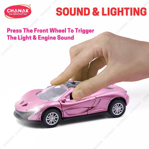 Chanak Premium Metal Die-Cast Sports Racer Car, Metal Car with Realistic Engine Sound, LED Lights, Open & Close Doors, Pull Back Car Zinc Alloy for Kids Above 3 Years, BIS Approved (Pink) chanak