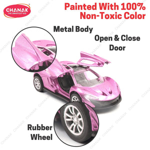 Chanak Premium Metal Die-Cast Sports Racer Car, Metal Car with Realistic Engine Sound, LED Lights, Open & Close Doors, Pull Back Car Zinc Alloy for Kids Above 3 Years, BIS Approved (Pink) chanak