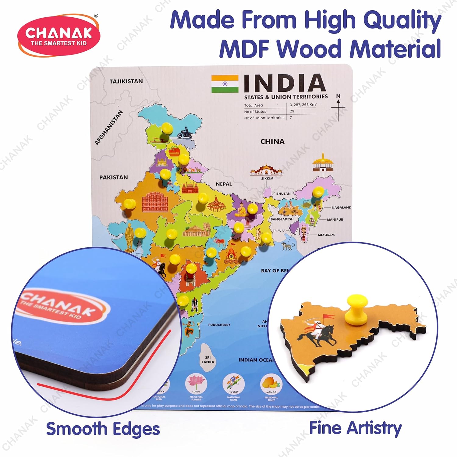 Chanak Wooden India States Puzzle for Kids – Durable MDF Board with UV-Printed State Shapes – Educational & Montessori Learning Toy for Ages 3+