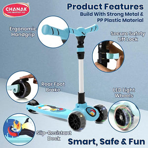 Chanak Go Rider Kick Scooter for Kids LED Light 3 Wheel Foldable Scooter with Rear Break 4 Height Adjustable with Lock for Boy & Girl 5+ Age Kids (Black-Blue) chanak
