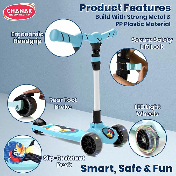 Chanak Go Rider Kick Scooter for Kids LED Light 3 Wheel Foldable Scooter with Rear Break 4 Height Adjustable with Lock for Boy & Girl 5+ Age Kids (Black-Blue) chanak