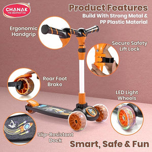 Chanak Go Rider Kick Scooter for Kids LED Light 3 Wheel Foldable Scooter with Rear Break 4 Height Adjustable with Lock for Boy & Girl 5+ Age Kids (Orange-Black) chanak
