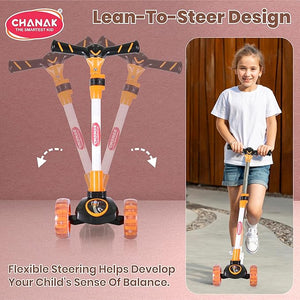 Chanak Go Rider Kick Scooter for Kids LED Light 3 Wheel Foldable Scooter with Rear Break 4 Height Adjustable with Lock for Boy & Girl 5+ Age Kids (Orange-Black) chanak