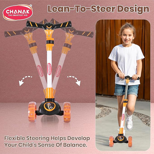 Chanak Go Rider Kick Scooter for Kids LED Light 3 Wheel Foldable Scooter with Rear Break 4 Height Adjustable with Lock for Boy & Girl 5+ Age Kids (Orange-Black) chanak