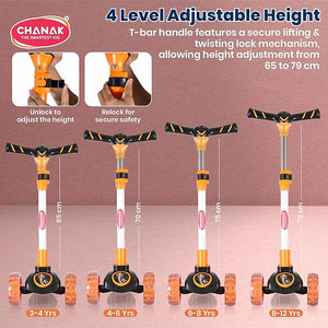 Chanak Go Rider Kick Scooter for Kids LED Light 3 Wheel Foldable Scooter with Rear Break 4 Height Adjustable with Lock for Boy & Girl 5+ Age Kids (Orange-Black) chanak