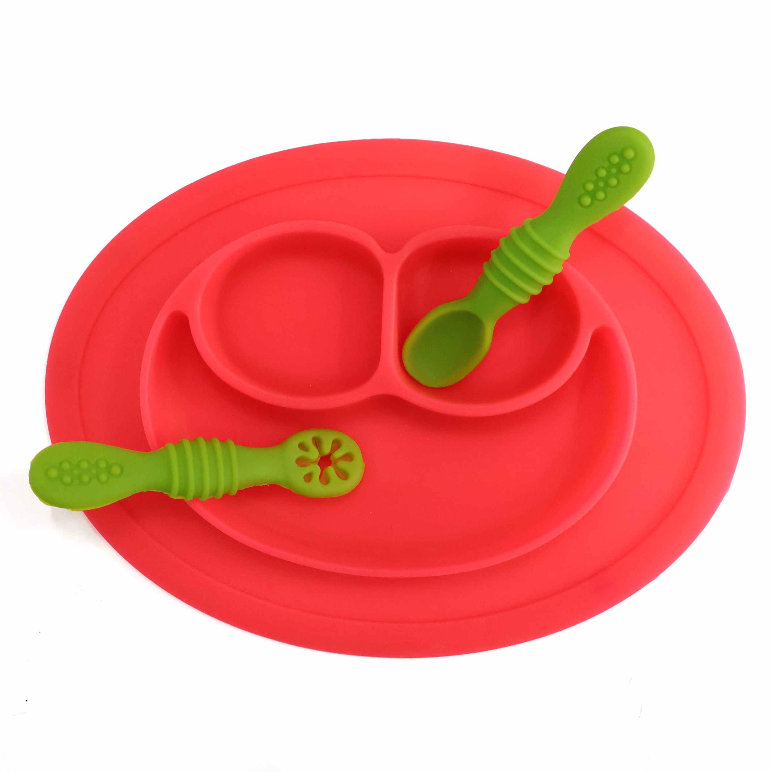 Chanak Oval Baby Food Tray, Silicon Food Plate with Multiple Compartments & Two Spoons, Silicone Plate for Feeding Baby, Easy to Clean Silicon Plate Microwave & Dishwasher Safe. (Dark Pink) chanak