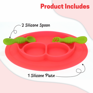 Chanak Oval Baby Food Tray, Silicon Food Plate with Multiple Compartments & Two Spoons, Silicone Plate for Feeding Baby, Easy to Clean Silicon Plate Microwave & Dishwasher Safe. (Dark Pink) chanak