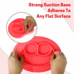 Chanak Oval Baby Food Tray, Silicon Food Plate with Multiple Compartments & Two Spoons, Silicone Plate for Feeding Baby, Easy to Clean Silicon Plate Microwave & Dishwasher Safe. (Dark Pink) chanak