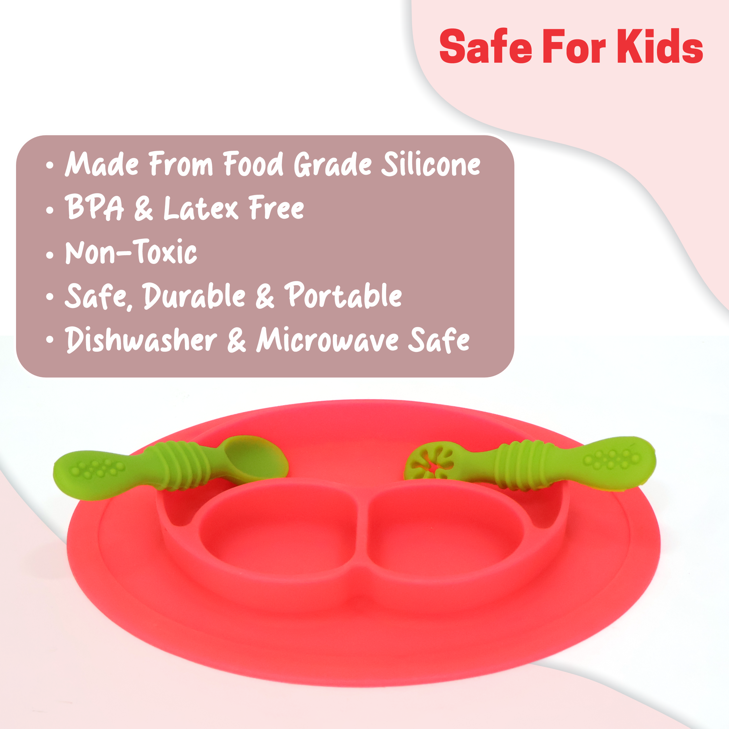 Chanak Oval Baby Food Tray, Silicon Food Plate with Multiple Compartments & Two Spoons, Silicone Plate for Feeding Baby, Easy to Clean Silicon Plate Microwave & Dishwasher Safe. (Dark Pink) chanak