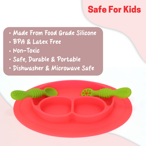 Chanak Oval Baby Food Tray, Silicon Food Plate with Multiple Compartments & Two Spoons, Silicone Plate for Feeding Baby, Easy to Clean Silicon Plate Microwave & Dishwasher Safe. (Dark Pink) chanak