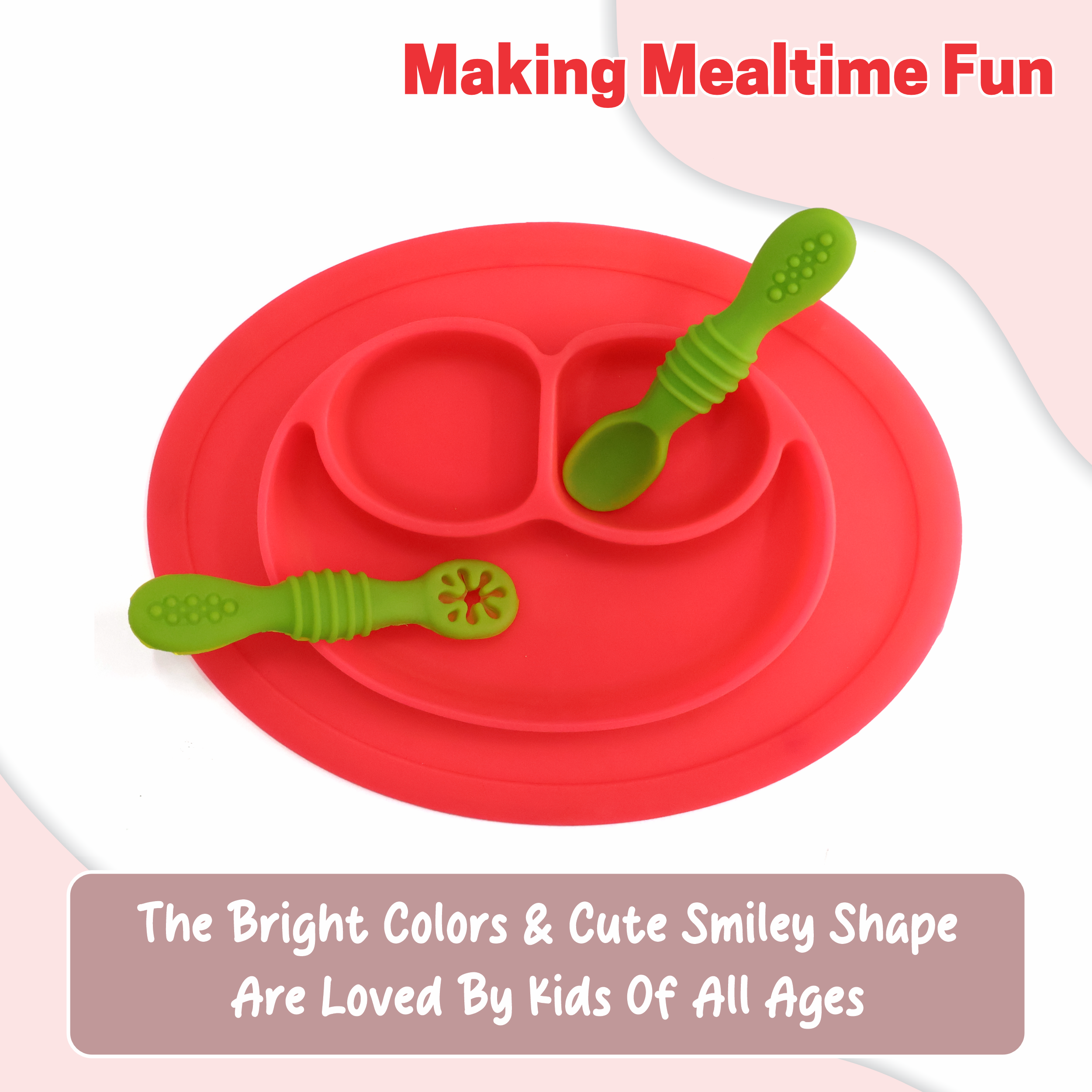 Chanak Oval Baby Food Tray, Silicon Food Plate with Multiple Compartments & Two Spoons, Silicone Plate for Feeding Baby, Easy to Clean Silicon Plate Microwave & Dishwasher Safe. (Dark Pink) chanak