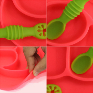 Chanak Oval Baby Food Tray, Silicon Food Plate with Multiple Compartments & Two Spoons, Silicone Plate for Feeding Baby, Easy to Clean Silicon Plate Microwave & Dishwasher Safe. (Dark Pink) chanak