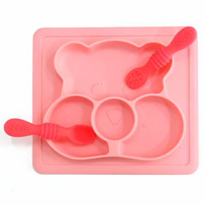 Chanak Square Baby Food Tray, Silicon Food Plate with Multiple Compartments & Two Spoons, Silicone Plate for Feeding Baby, Easy to Clean Silicon Plate Microwave & Dishwasher Safe. (Lihgt Pink) chanak