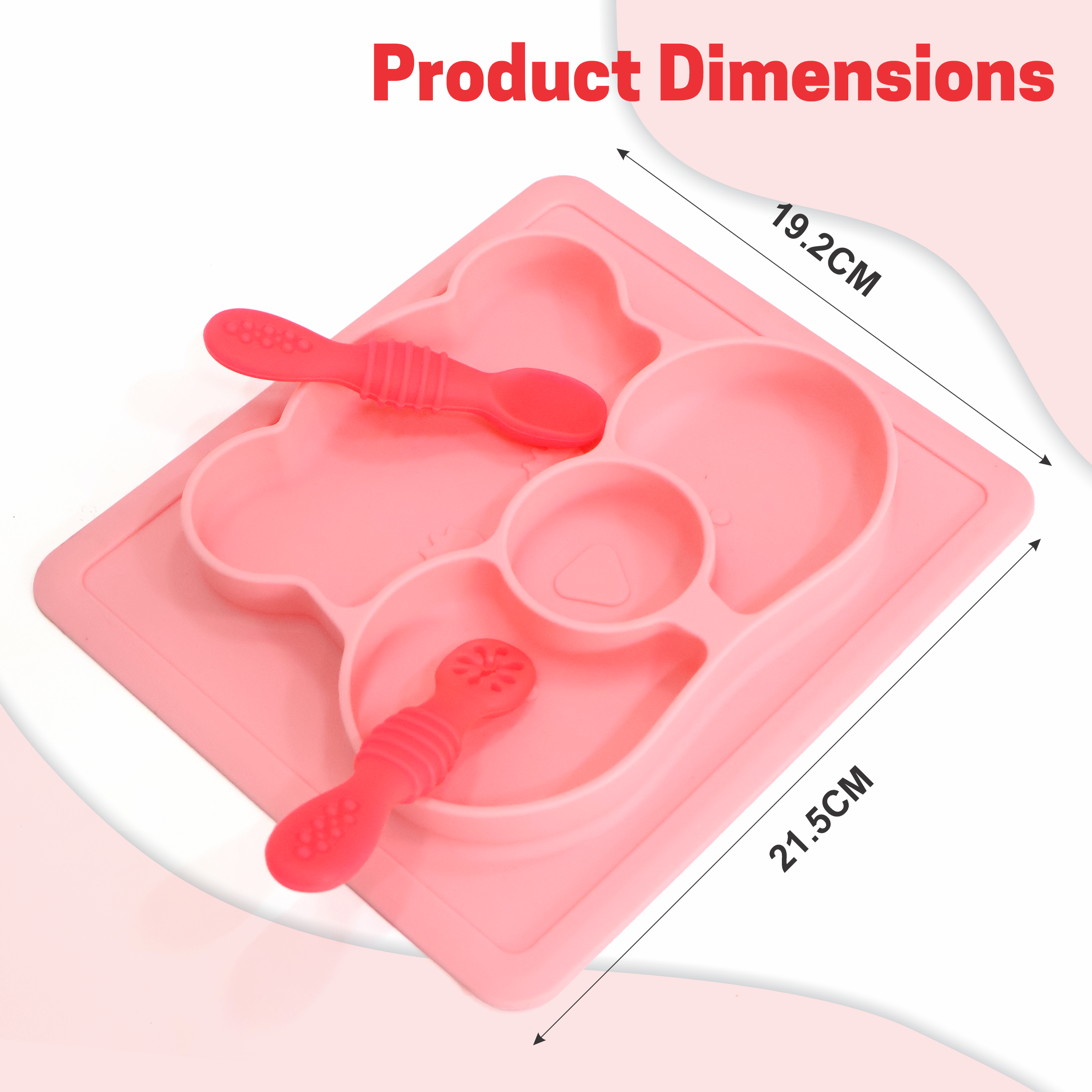 Chanak Square Baby Food Tray, Silicon Food Plate with Multiple Compartments & Two Spoons, Silicone Plate for Feeding Baby, Easy to Clean Silicon Plate Microwave & Dishwasher Safe. (Lihgt Pink) chanak
