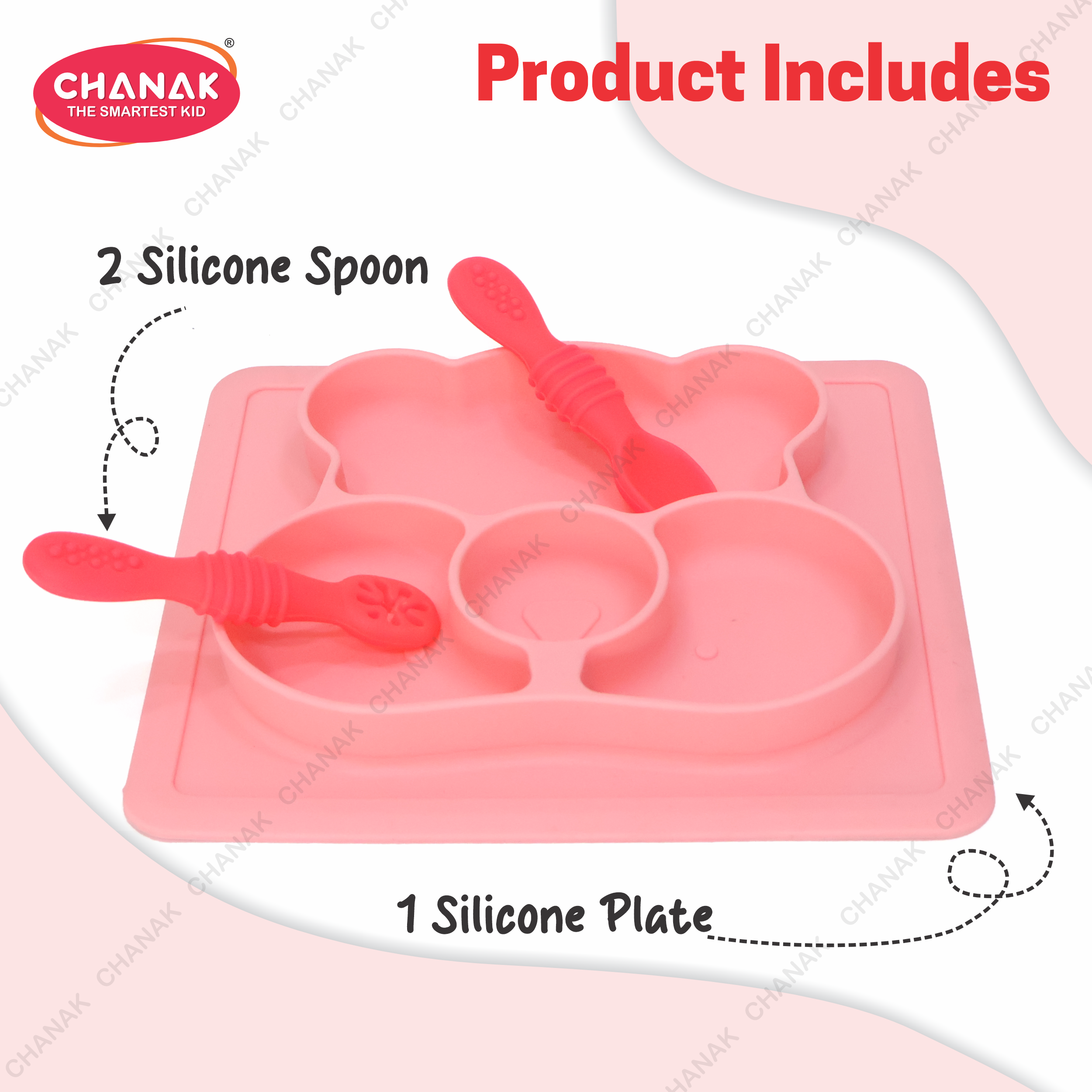 Chanak Square Baby Food Tray, Silicon Food Plate with Multiple Compartments & Two Spoons, Silicone Plate for Feeding Baby, Easy to Clean Silicon Plate Microwave & Dishwasher Safe. (Lihgt Pink) chanak