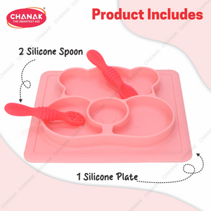 Chanak Square Baby Food Tray, Silicon Food Plate with Multiple Compartments & Two Spoons, Silicone Plate for Feeding Baby, Easy to Clean Silicon Plate Microwave & Dishwasher Safe. (Lihgt Pink) chanak
