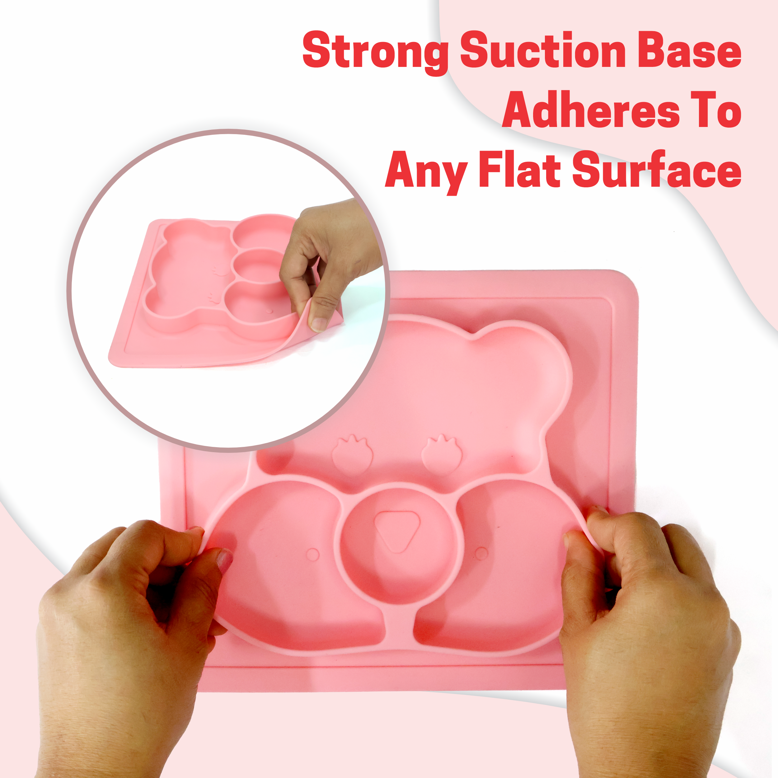Chanak Square Baby Food Tray, Silicon Food Plate with Multiple Compartments & Two Spoons, Silicone Plate for Feeding Baby, Easy to Clean Silicon Plate Microwave & Dishwasher Safe. (Lihgt Pink) chanak