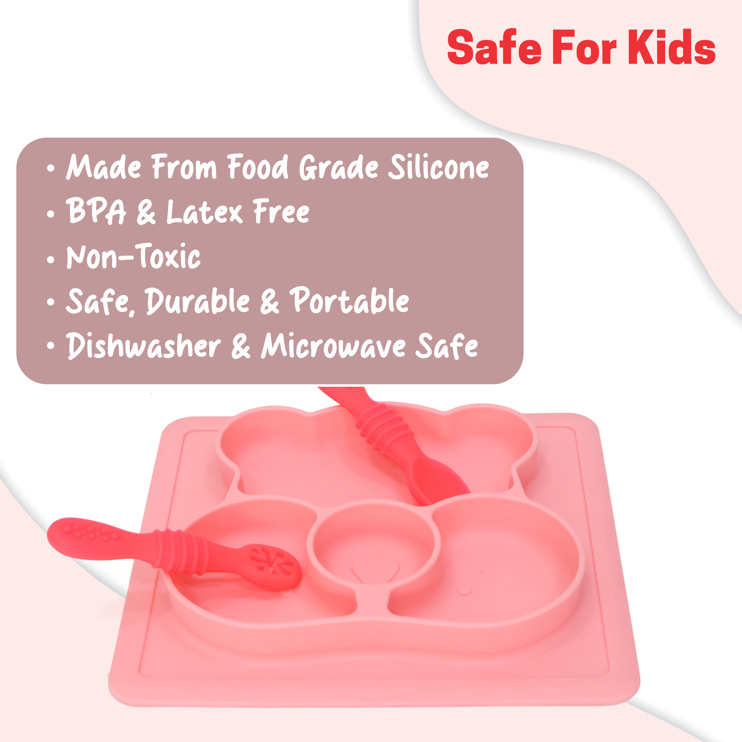 Chanak Square Baby Food Tray, Silicon Food Plate with Multiple Compartments & Two Spoons, Silicone Plate for Feeding Baby, Easy to Clean Silicon Plate Microwave & Dishwasher Safe. (Lihgt Pink) chanak