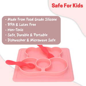 Chanak Square Baby Food Tray, Silicon Food Plate with Multiple Compartments & Two Spoons, Silicone Plate for Feeding Baby, Easy to Clean Silicon Plate Microwave & Dishwasher Safe. (Lihgt Pink) chanak
