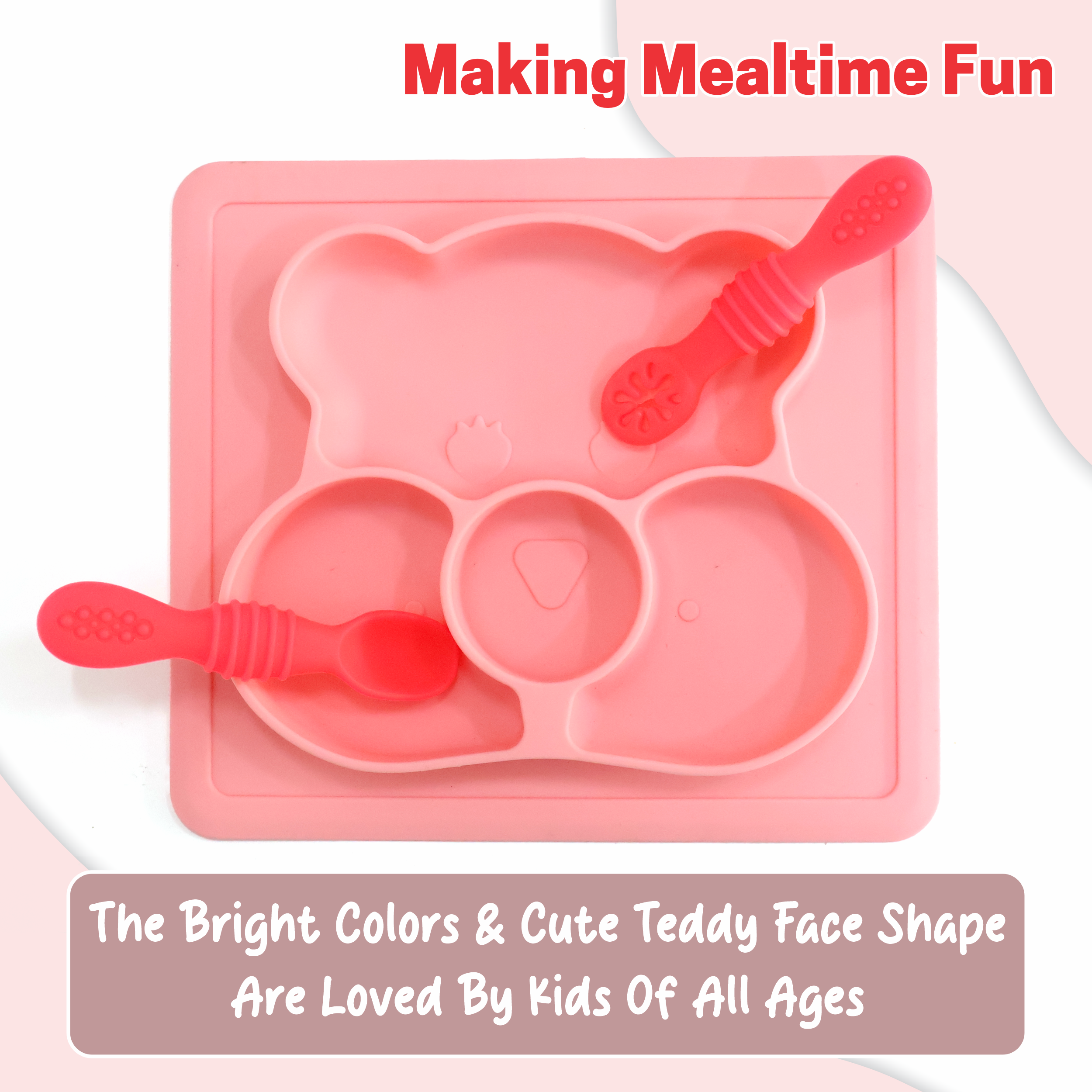 Chanak Square Baby Food Tray, Silicon Food Plate with Multiple Compartments & Two Spoons, Silicone Plate for Feeding Baby, Easy to Clean Silicon Plate Microwave & Dishwasher Safe. (Lihgt Pink) chanak