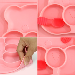 Chanak Square Baby Food Tray, Silicon Food Plate with Multiple Compartments & Two Spoons, Silicone Plate for Feeding Baby, Easy to Clean Silicon Plate Microwave & Dishwasher Safe. (Lihgt Pink) chanak