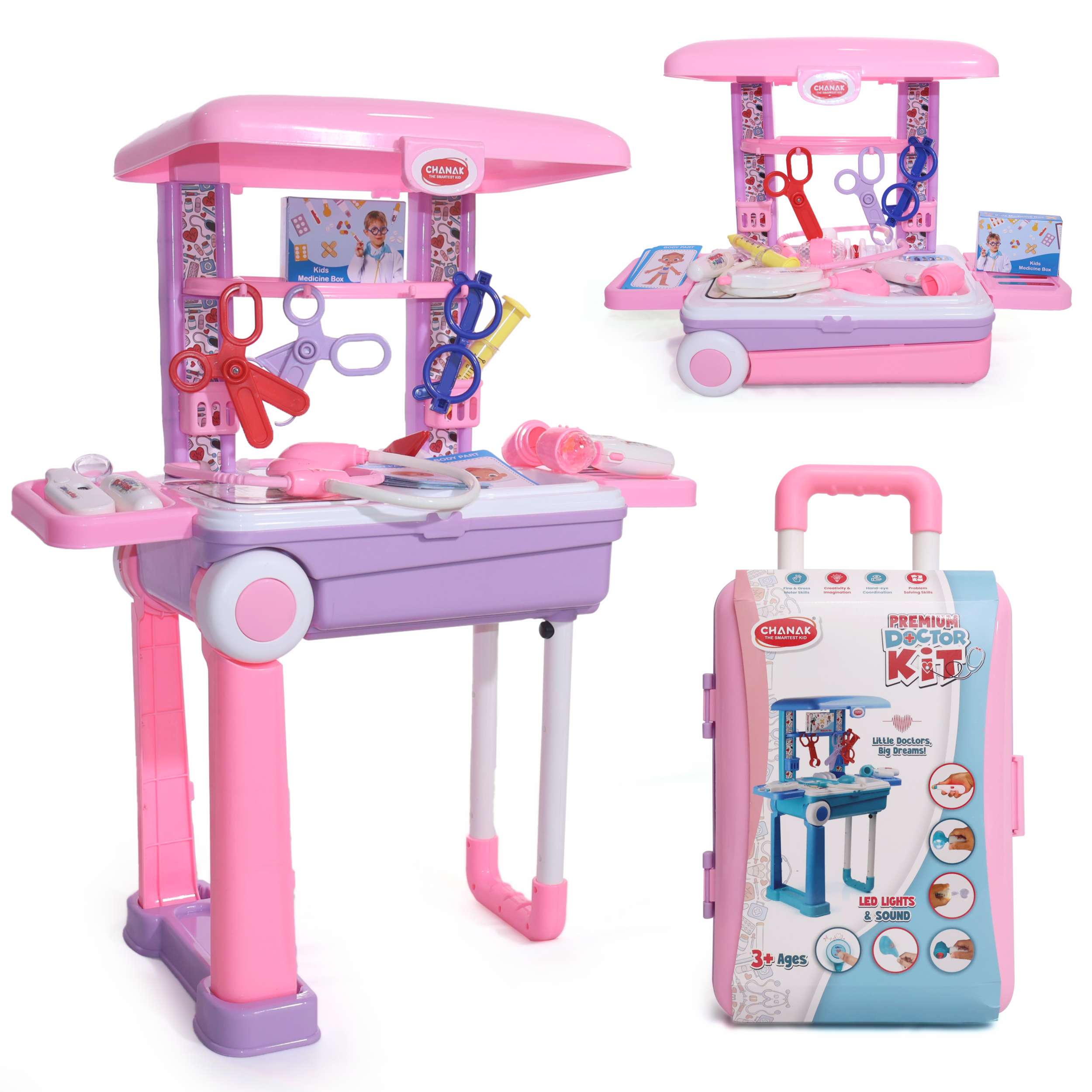 Chanak 3-in-1 Doctor Set Trolley for Kids – Pretend Play Kit (Pink