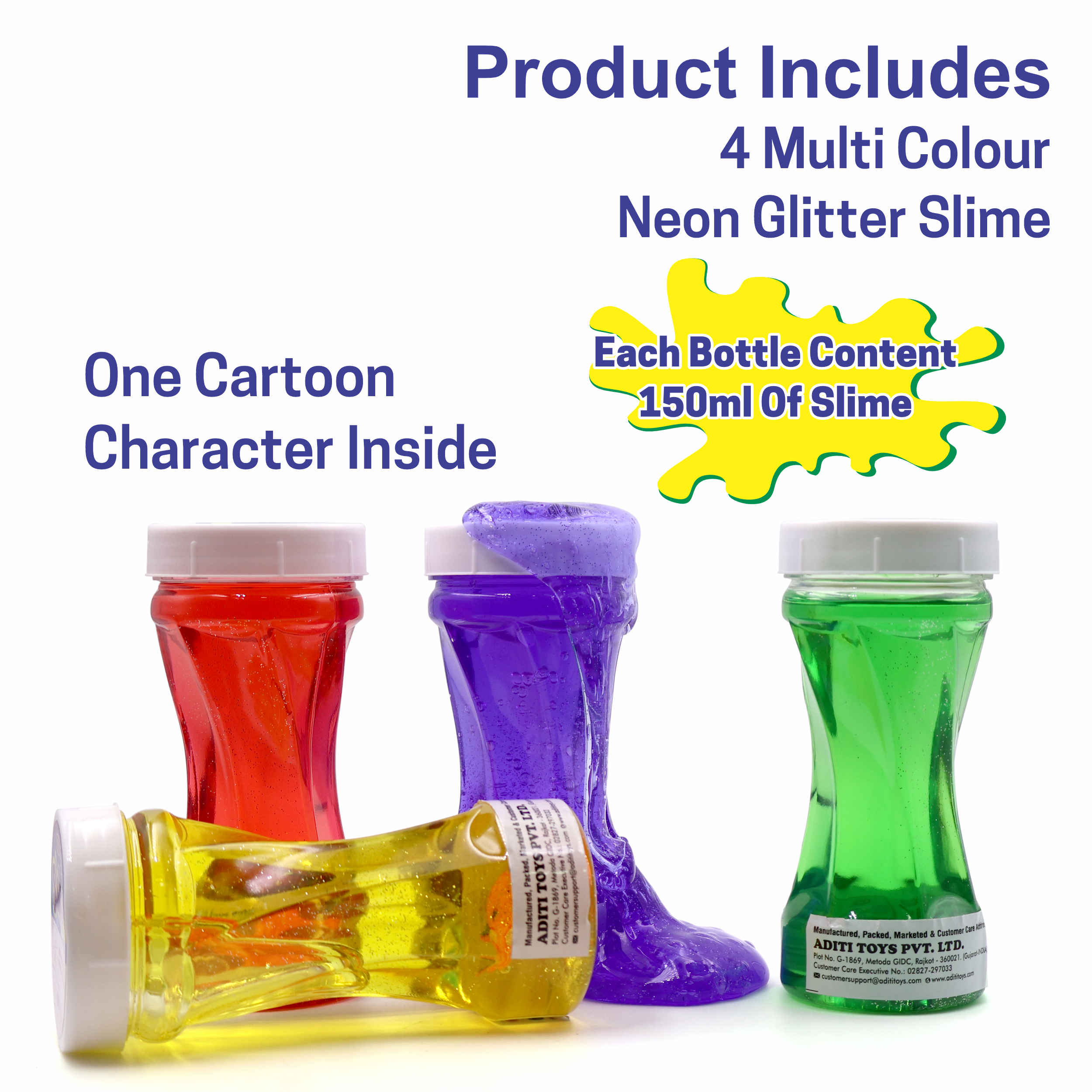 Chanak Neon Colored Glitter Scented Slime Kit - Soft, Non-Sticky, Stress-Relief Non-Toxic Squishy Slime Toy Multicolor for Kids For Boys Girls, Above 5+ Age Each 150ml (Pack of 4) chanak