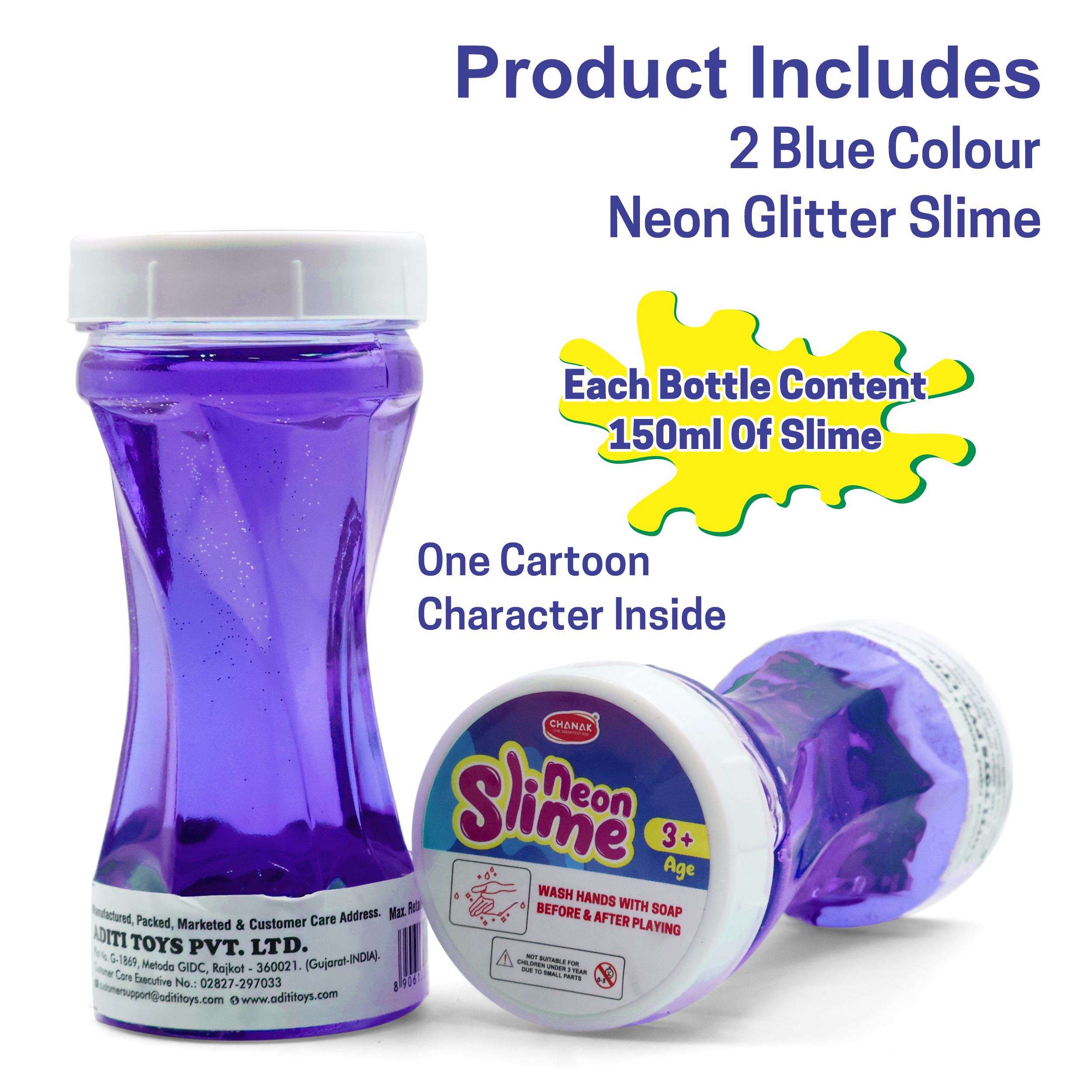 Chanak Neon Colored Glitter Scented Slime Kit - Soft, Non-Sticky, Stress-Relief Non-Toxic Squishy Slime Toy Multicolor for Kids For Boys Girls, Above 5+ Age Each 150ml (Blue Pack of 2) chanak